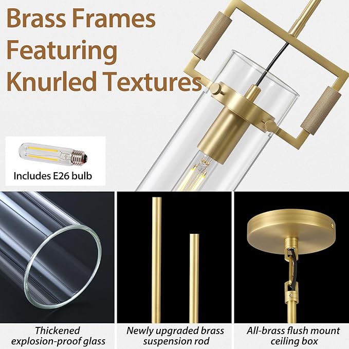 Brass Pendant Lights Kitchen Island, Modern Gold Pendant Lights 2 Pack,12Inch Glass Knurled Kitchen Pendant Lighting Over Island,Farmhouse Island Lights For Kitchen Sink,Bathroom,Bedroom,Dinning Table