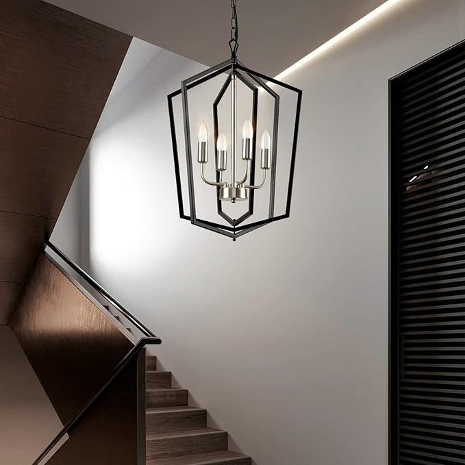 WJShome 18.1" Farmhouse Chandeliers for Dining Room, 4-Light Modern Foyer Lighting Fixture,Black and Silver Hanging Lantern Pendant Light, for Kitchen Island,Hallway,Entryway