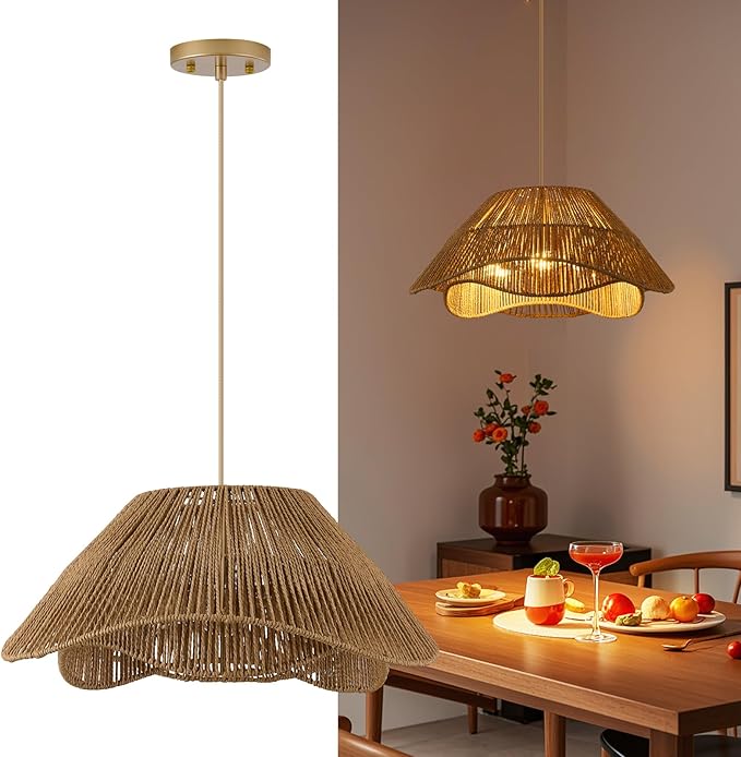19.68" Large Gold Rattan Pendant Light, 3-Light Farmhouse Chandeliers for Dining Room, Woven Wicker Flush Mount Hanging Light, Adjustable Boho Pendant Lighting for Kitchen Island Bedroom