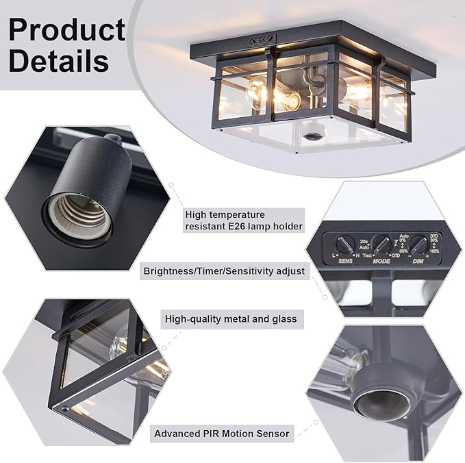 Motion Sensor Outdoor Flush Mount Ceiling Light, Industrial Glass Rustic Wood-Like Finish 2-Light Ceiling Lamp for Porch, Entryway, Garage, Timer and Sensitivity Adjustable (Black-Square)