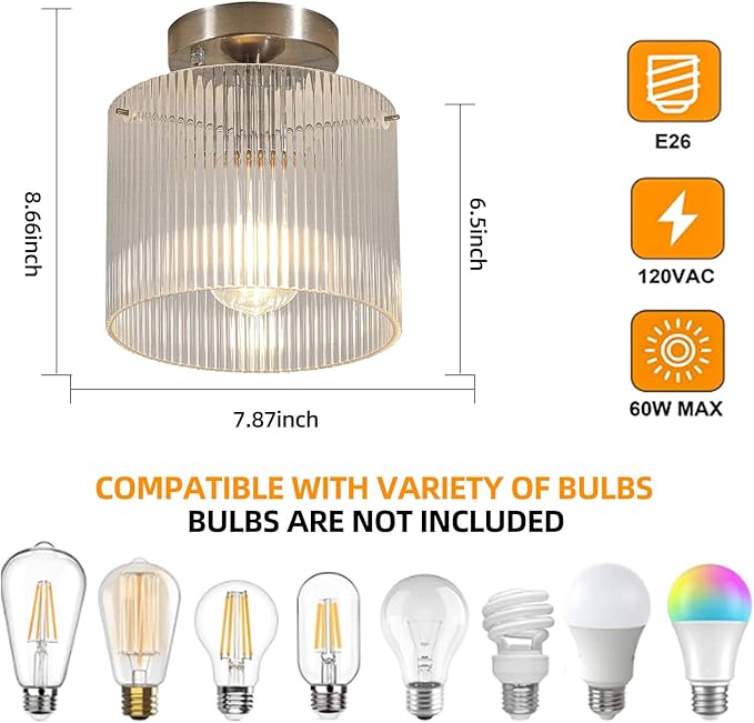 Modern Semi Flush Mount Ceiling Light, Industrial Clear Glass Ceiling Light Fixture, Crystal Ceiling Lamp, Modern Ceiling Lamps, Farmhouse Light for Entryway Hallway Kitchen Dining Room, Nickel