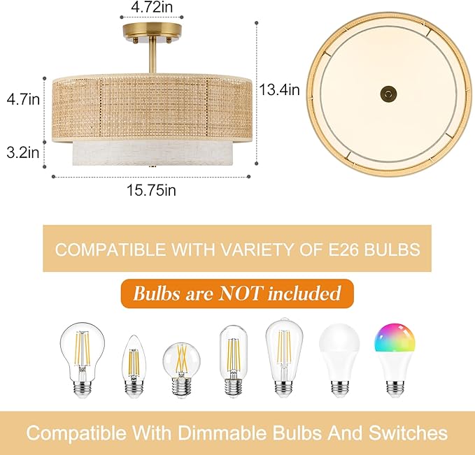 Semi Flush Mount Ceiling Light, 16" Gold Light Fixtures Ceiling Mount, 3-Light Boho Rattan Linen Drum Light Fixture, Modern Farmhouse Chandelier for Bedroom Entryway Living Room Hallway Foyer