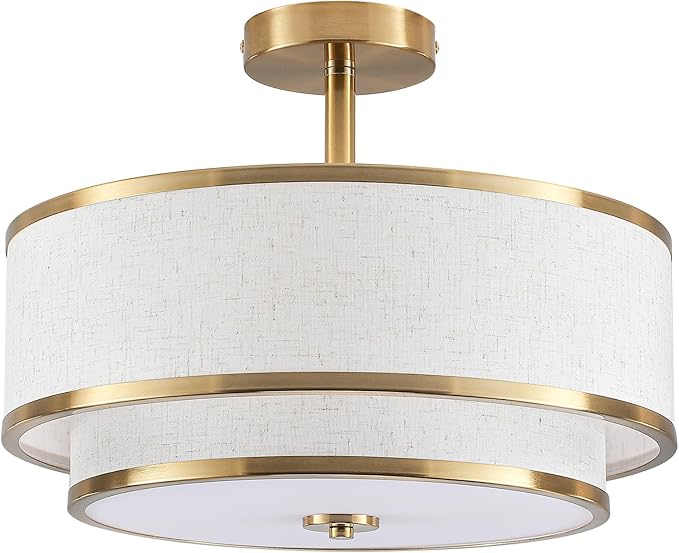 BUXVRCS Semi Flush Mount Ceiling Light Fixture, Modern Light Fixtures Ceiling Mount with Fabric Shade, 3-Light Double Drum Lighting Fixtures Close to Ceiling Light for Bedroom (Gold)
