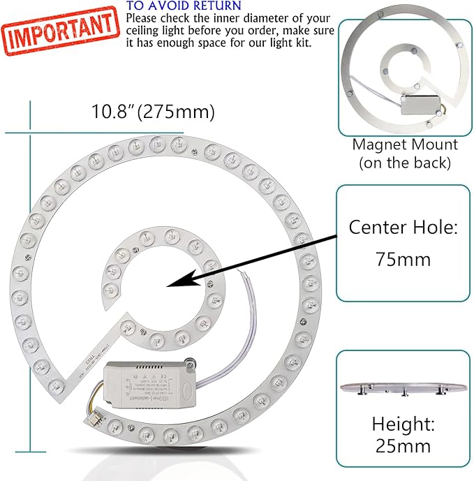 36W LED Close to Ceiling Flush Mount Fan Fandelier Retrofit Light Kit Replacement Engine Panel Board Light Bulb, 3CCT 3000K/4500K/6000K (36W)