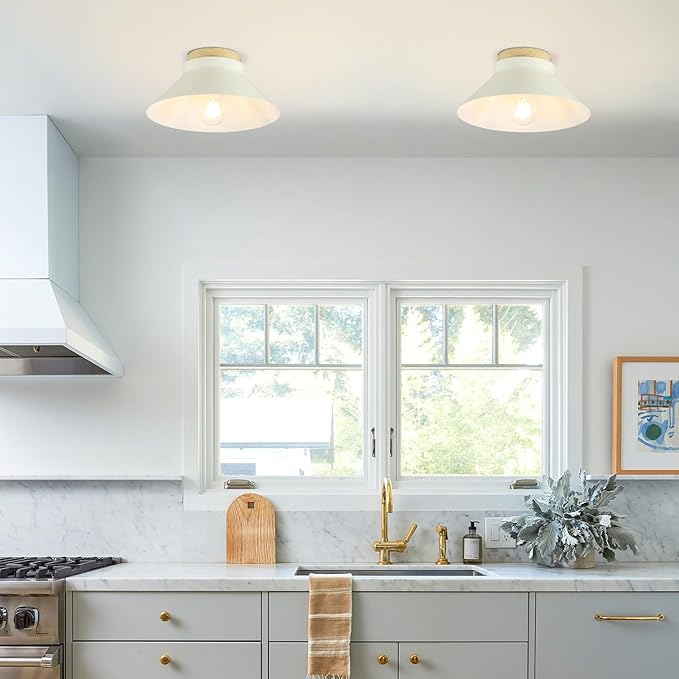 2 Pack Modern Flush Mount Ceiling Light, 11.8'' Cream White Metal Ceiling Light Fixtures with Natural Wood Accent, Farmhouse Semi Flush Mount Light Fixtures for Kitchen, Hallway, Entryway, Bedrooms