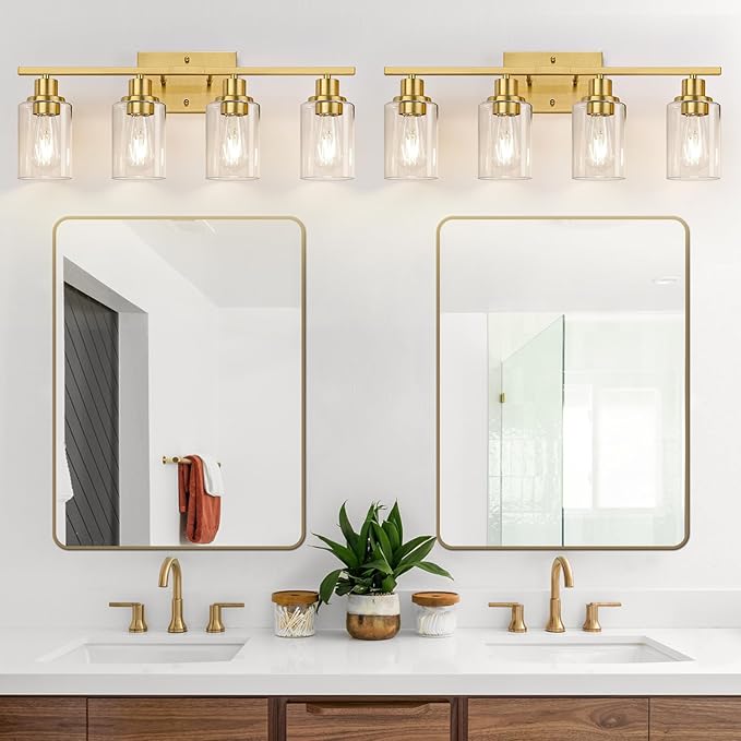Indoi 4-Light Vanity Lights with Clear Glass Shades, Brushed Gold Bathroom Light Fixtures Over Mirror, Modern Bathroom Wall Lamp for Mirror Living Room Cabinet Bedroom Porch