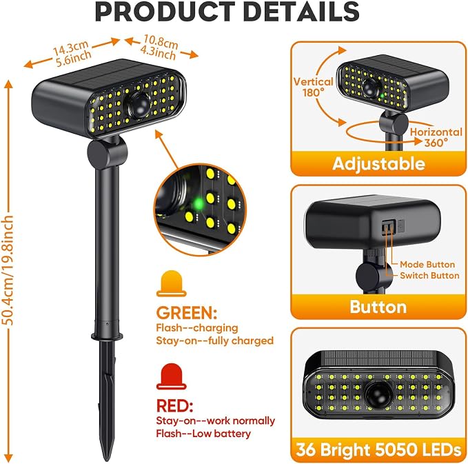 Solar Spot Lights Outdoor, 3 Modes Motion Sensor Landscape Lights, Waterproof IP67 LED Motion Security Solar Spotlights for Outside Yard Pathway Driveway Walkway, 2 Pack