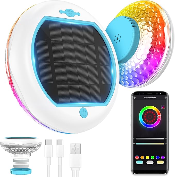 Solar Pool Chlorine Floater with Floating Light, APP-Controlled, RGB Color, IP68 Waterproof, Large Capacity for 2 Tablets (Blue for 4 Tablets)