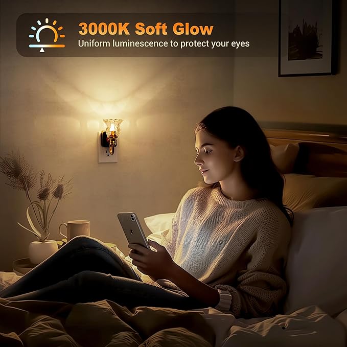 JandCase Night Light, 2 Pack Floral Night Lights Plug into Wall, Glass Flower LED Nightlight, 0-100 LM Dimmable Nightlights with Light Sensor, 1W Vintage Nite Light for Bathroom Gift Vanity Decor
