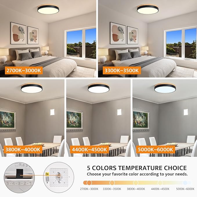 Yiisem Dimmable Wood LED Flush Mount Ceiling Light, 5CCT 2700K-6000K Modern Black Close to Ceiling Lighting Fixtures, Minimalist Round Ceiling Lamp for Living Room, Bedroom, Laundry Room