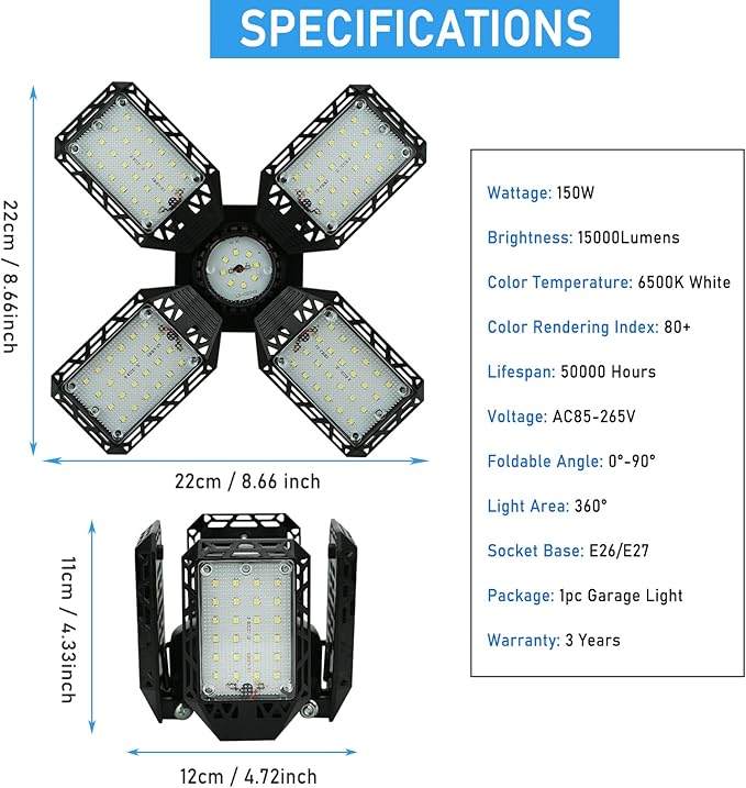 4-Pack LED Garage Light, 150W Deformable LED Ceiling Lights, 15000LM Garage Lighting with 4 Adjustable Panels, E26/E27 Shop Lights for Basement, Workshop, Attic
