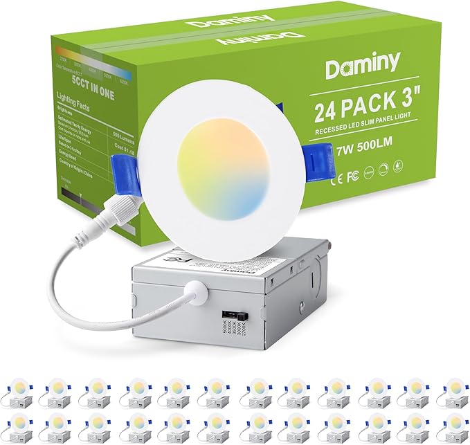 DAMINY 24 Pack 3 Inch LED Recessed Lighting with Junction Box,5CCT,Ultra-Thin Recessed Light,7W 500LM, Dimmable Canless Wafer Ceiling Light, High Brightness