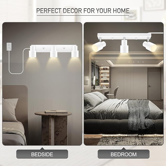 Plug-in Track Lighting LED, Track Light Fixtures Ceiling, White 3-Light Ceiling Lights for Kitchen, 3 Way Spotlight with Cord, Rotatable Wall Mount Light Head for Bedroom Hallway, Bulb Not Included