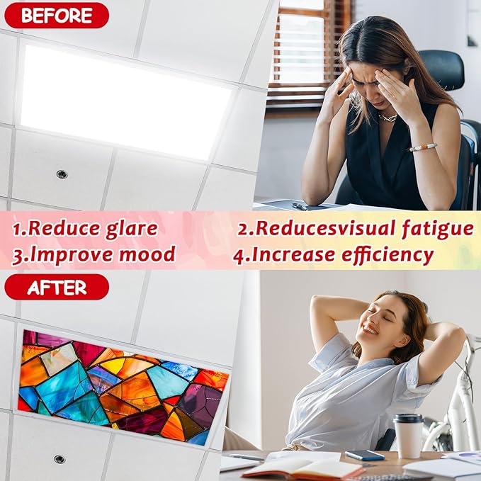 8 Pcs Fluorescent Light Covers with 80 Magnets Decorative for Classroom Ceiling Light 4 x 2Ft Magnetic Covers Filter Easy Install for Office Hospitals & Home Drop Ceiling Supplies（Retro Glass Window）