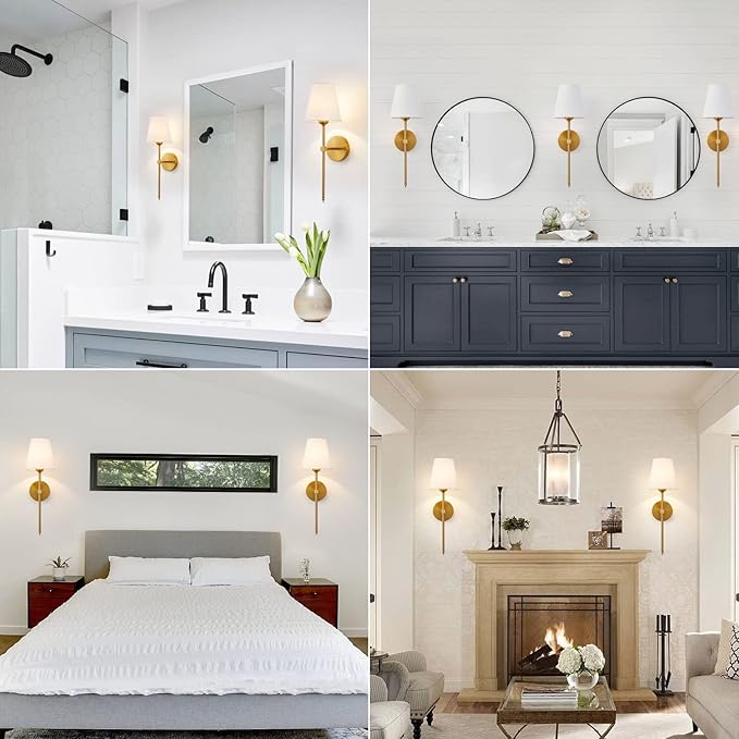 KUAUGST Wall Sconces Sets of 2, Retro Industrial Wall Lamps, Bathroom Vanity Sconces Wall Lighting with White Fabric Shade, Suitable for Bedroom Living Room Corridor Kitchen