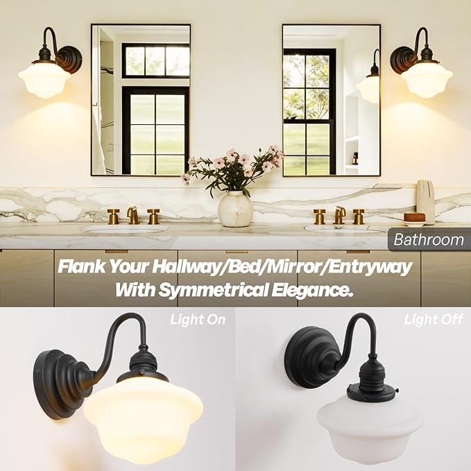 Vintage Wall Sconce Light Hardwire Black Bathroom Vanity Light with Frosted Milk White Gyro Glass Shade Modern Farmhouse Wall Lamp Fixture for Bathroom Mirror Living Room Bedroom Indoor
