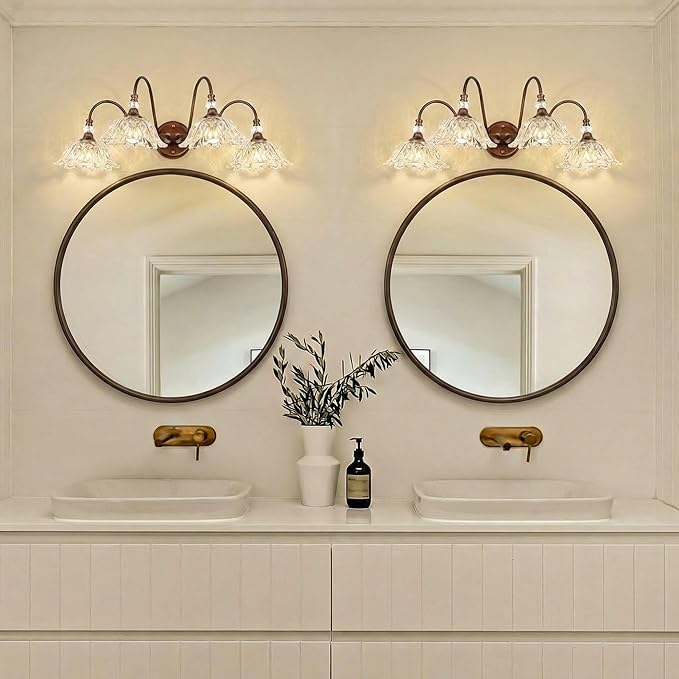 Antique Red Bronze Finish Bathroom Vanity Light, 4-Light Vintage Vanity Light with Floral Clear Glass Shades, Retro Wall Mount Lighting for Bathroom, Dressing Table