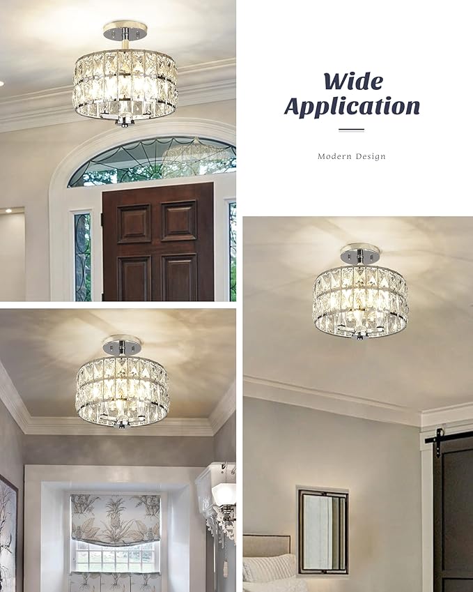 CALDION Semi Flush Mount Ceiling Light Fixture, 11" Crystal Light Fixture, 3-Light Modern Chandelier with Chrome Finish for Bathroom, Dinning Room, Hallway, Bedroom, 6869SM-CH-3