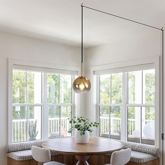 KCO Lighting Modern Pendant Lights Kitchen Island Mid Century Plug in Pendant Light Glass Hanging Lamp with Cord Globe Gold Hanging Light Bedroom Ceiling Lights Plug in