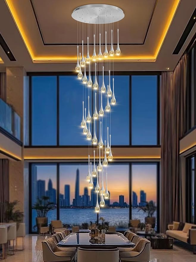 ykolupty 150in High Ceiling Chandelier for Foyer Entrance 36-Light Crystal Silver Chandelier Light Fixture Large Ceiling Light for Living Room Staircase Hallway Dining Room