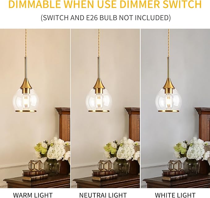 1-Piece Island Light for Kitchen, 1-Light Gold Kitchen Island Hanging Pendant Light with Clear Round Glass Shades, Brushed Gold Finish Dining Room Light Fixture Over Table