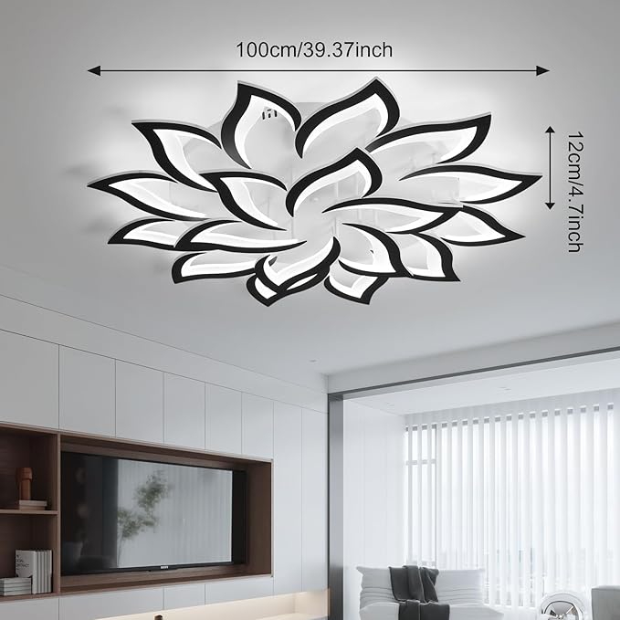 JAYMP 39.4" Flower Shaped Ceiling Light Dimmable Modern Ceiling Lamp Remote Control LED Lighting Fixture for Living Room Dining Room Farmhouse (Black/18 Petals)