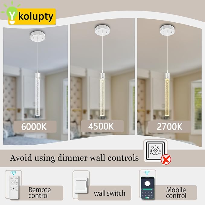 ykolupty Mini 1 Light Chrome Crystal Pendant Lights,Modern Led Kitchen Island Hanging Light Fixture,Adjustable Pendant Lighting for Kitchen Island,Dimmable 2700k-6000k