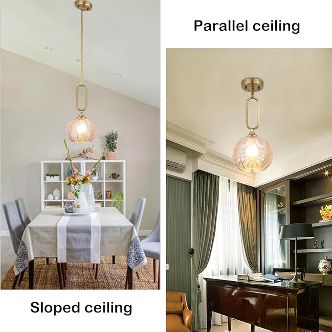 Amber Glass Pendant Light Modern Globe Pendant Lighting Nordic Ribbed Gold Ceiling Hanging Chandelier with Brushed Brass Adjustable Rods Dining Room Kitchen Island Light Fixture