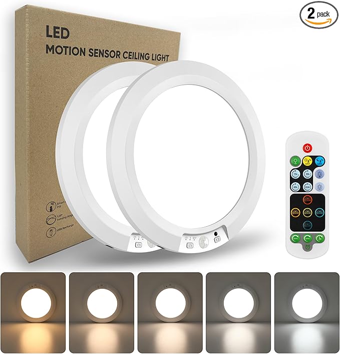 Wireless Motion Sensor Ceiling Light, 7.5" Ultra-Thin, 8000mAh Rechargeable, 450LM, 5 Color Temps, Dimmable with Timer & Remote, Magnetic Stick-On/Screw Mount for Closet, Hallway, 2-Pack