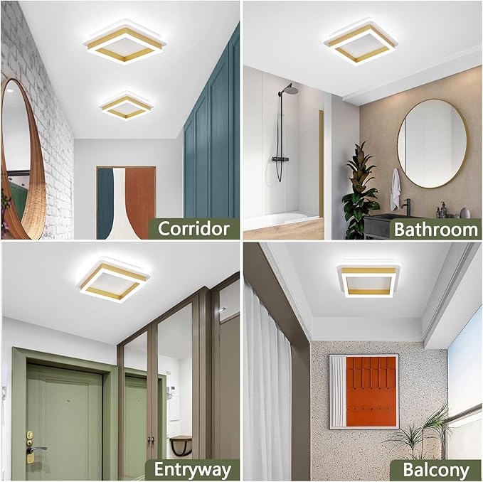 CANEOE Square Flush Mount Ceiling Light 24W Modern Led Hallway Ceiling Light Fixtures Gold Close to Ceilings Lamp for Bedroom Bathroom Living Room Laundry Kitchen