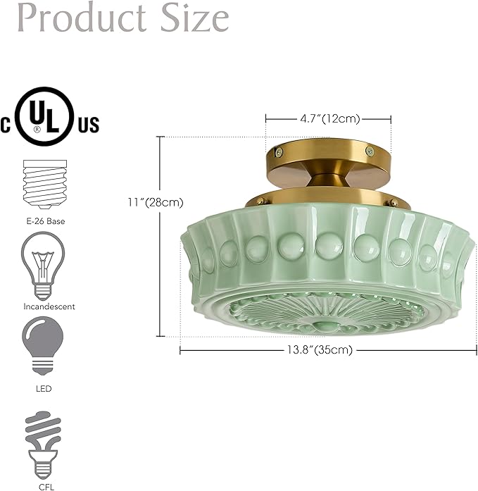 FCTWAKS Schoolhouse Ceiling Light Fixture, 13.8" Green Milk Glass Semi Flush Mount Mid Century Vintage Ceiling Light for Bedroom Hallway Kitchen, E26 Base Bulb Included