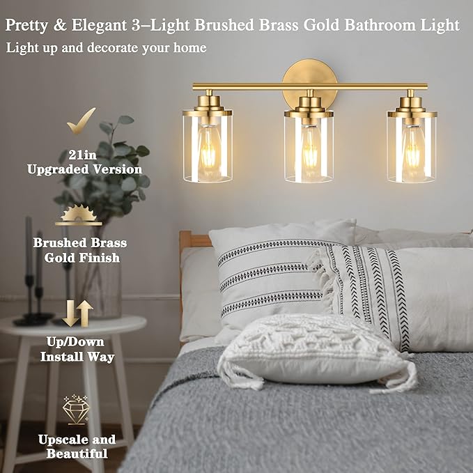 Bathroom Light Fixtures,Vanity Lights Over Mirror,Brushed Gold Vanity Light for Bathroom,20'' Brass Gold 3-Light Modern Bath Light