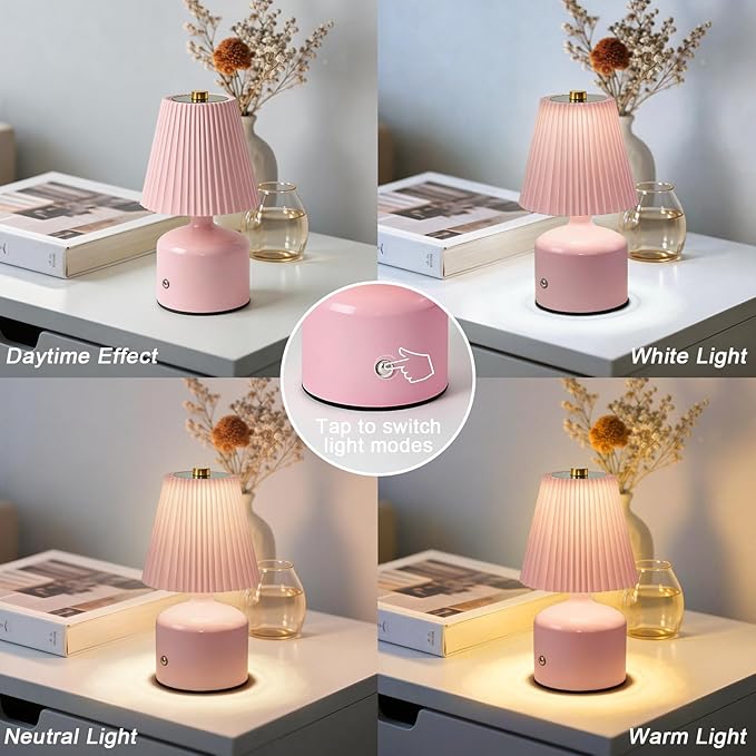 Small Cordless Table Lamp, Touch Lamps for Nightstand 3 Color Stepless Dimming, Metal Base Pleated Rechargeable Lamp for Bedside, Bedroom, Dining Room, Living Room (Pink)