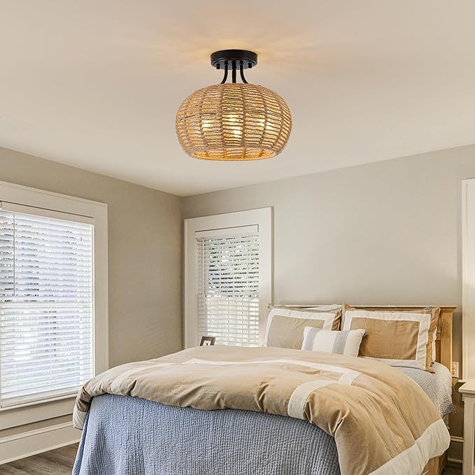 XSDeTu Boho Light Fixtures Ceiling Mount, 4-Light Farmhouse Hemp Rope Flush Mount Ceiling Light, Rustic Hand Woven Chandelier, Coastal Close to Ceiling lamp for Bedroom Hallway Entryway Kitchen