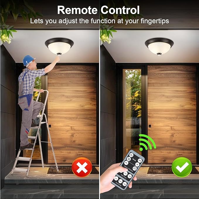Motion Sensor Outdoor Ceiling Light with Remote, Dusk to Dawn Flush Mount Porch Light with 4 Modes, Close to Ceiling Light Fixture 2 LED Bulbs Included for Patio/Garage/Hallway