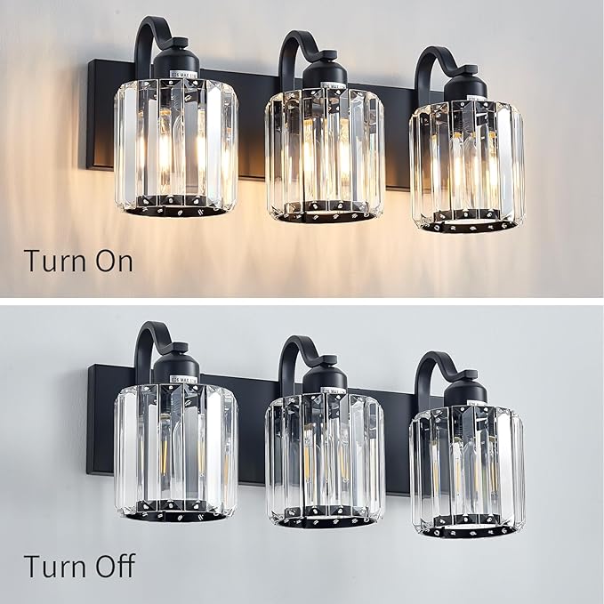 Modern 3-Lights Black Bathroom Vanity Light, Crystal Bathroom Lights Over Mirror, Modern Wall Lighting Fixtures with Crystal Round Shade (Exclude Bulb)