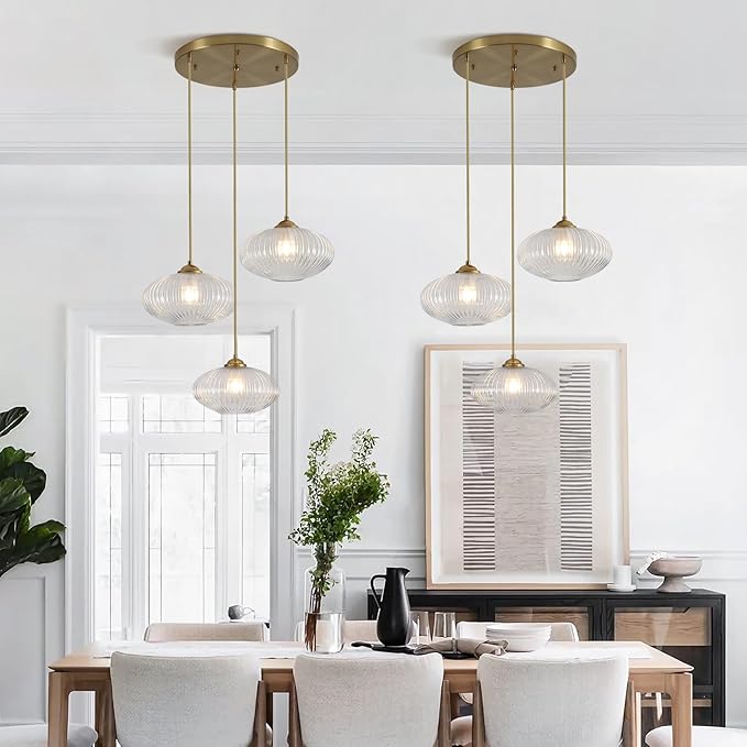 3 Light Pendant Lighting Clear Glass Cluster Pendant Lights Kitchen Island Modern Retro Adjustable Brushed Gold Hanging Light Fixtures Brass Cluster Chandelier for Bedroom Living Room MPL30-3D