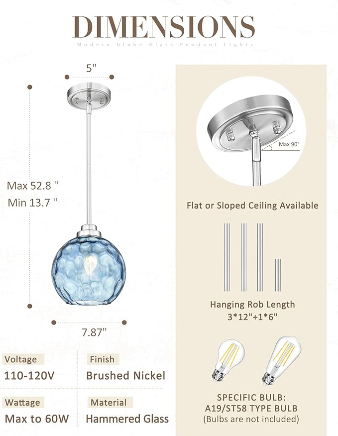 8 Inch Modern Farmhouse Pendant for Kitchen Island, Adjustable Height Hanging Fixture with Blue Hammered Glass, Brushed Nickel, Dining Room Entryway - PL101HBL-L