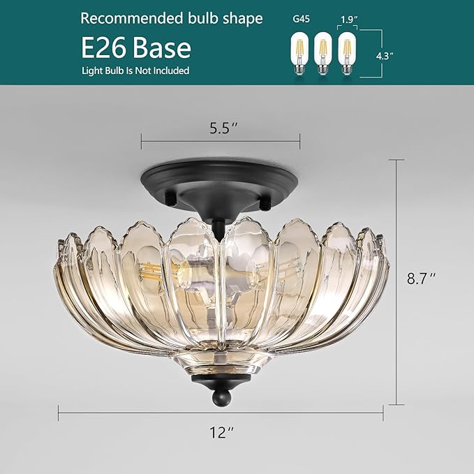Cognac Glass Ceiling Light Fixture - Handmade Art Glass Semi Flush Mount Lighting, 3 E26 Base Vintage Chandelier with Rich Cognac Shade, Dimmable for Bedroom Kitchen Entryway