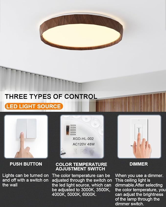 ANYLOVE 19 inch LED Flush Mount Ceiling Light Fixture,3000K 4000K 5000K Adjustable Ceiling Lights, Farmhouse Walnut Wood Grain Ceiling Light for Bedroom Hallway Bathroom Kitchen