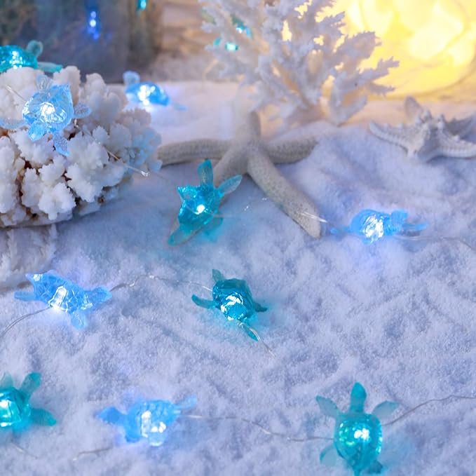 MIYA LIFE Blue Sea Turtle String Lights Battery Powered Summer Beach Decor with Remote Acrylic Sea Turtle Decor for Bathroom Shower Curtain