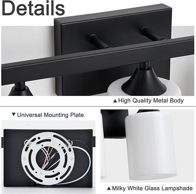 ZHU YAN Black Bathroom Vanity Lights,3-Light Bathroom Light Fixtures Over Mirror with White Frosted Glass Shades,Wall Lamp Vanity Lights for Mirror Living Room Bedroom E26 Socket