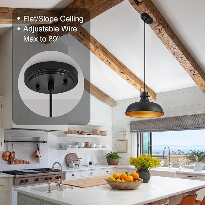 Black Farmhouse Pendant Lights 16 Inch Matte Pendant Lighting for Kitchen Island Industrial Adjustable Height Vintage Dome Hanging Light Fixtures for Barn, Dining Room 1 Pack