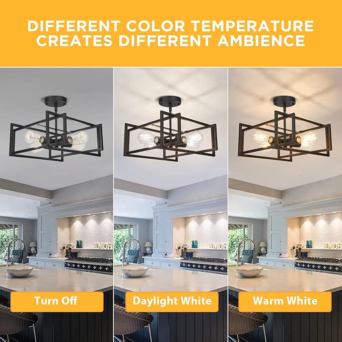 FadimiKoo Industrial 4-Light Semi Flush Mount Ceiling Light Fixture, Farmhouse Metal Black Close to Ceiling Lamp for Kitchen Island Bedroom Hallway, Modern Rectangle Frame