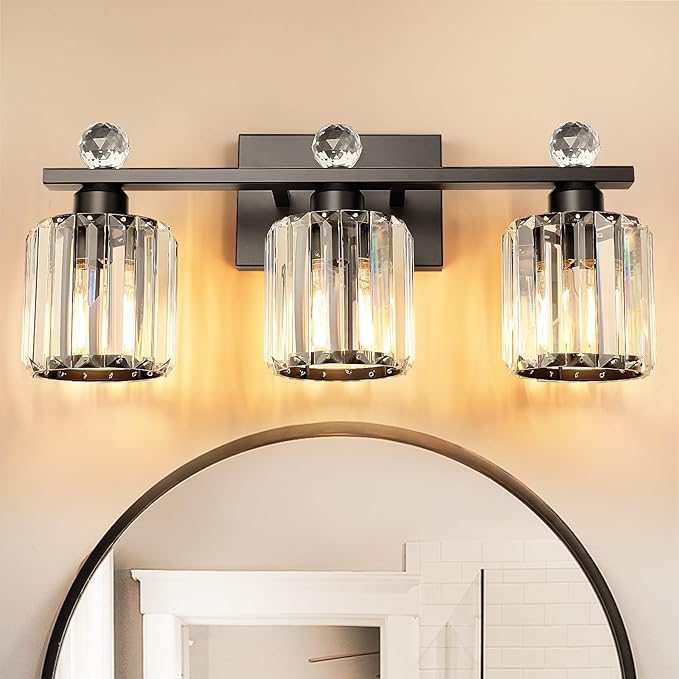 3-Light Black Modern K9 Crystal Vanity Lights, Black Bathroom Light Fixtures Stainless Steel Crystal Vanity Light Fixture