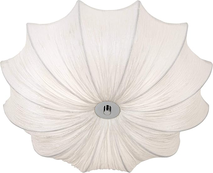 Possini Euro Design Planetarium Modern Close to Ceiling Light Flush Mount Fixture 21" Wide Chrome White Fabric Scalloped Bowl Shade for Bedroom Hallway Living Room Dining Room Bathroom Kitchen