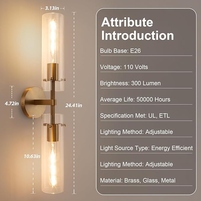 Brass Gold 2-Light Knurled Wall Sconce, Dual-Head Vanity Lamp with Clear Glass Tube, Bathroom Wall Sconces, Wall Lights for Living Room Bedroom Hallway Kitchen Bathroom Mirror