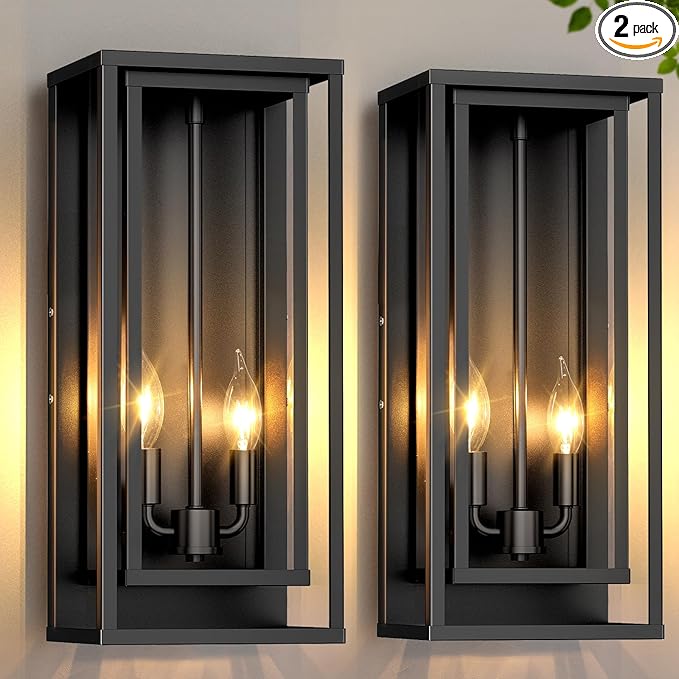 2-Pack Large Outdoor Wall Lanterns, 18” Exterior Waterproof Rectangular Sconce with Glass Shades, Matte Black Porch Lights, Anti-Rust 2-Light Modern Light Fixtures for Patio Garage Entryway Front Door