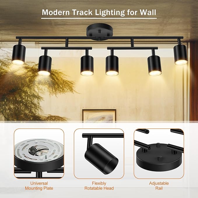 Track Lighting Fixtures Ceiling Black, 6 Light Track Lighting Kit for Kitchen, 30" Flexibly Spotlight with Rotatable Head, Modern LED Flush Mount Ceiling Lighting for Living Room Bedroom(GU10,NO Bulb)