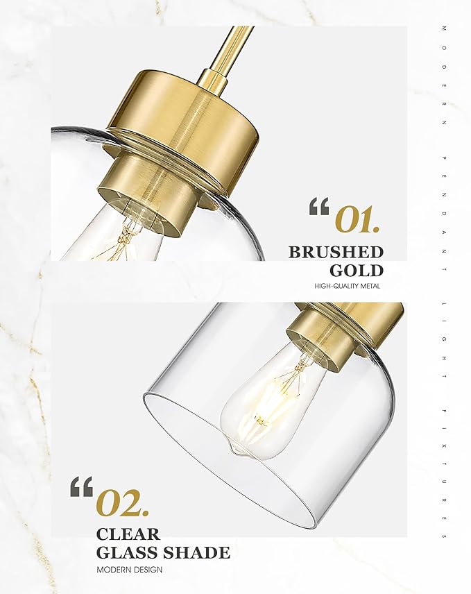 2-Pack Pendant Lights Kitchen Island, 7" Brushed Gold Hanging Lights Fixtures with Clear Glass Shade, Modern Brass Kitchen Pendant Lighting Over Island for Dining Room, AD-24024-1P2-GD